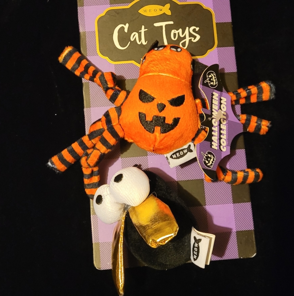 Cat Toys For Fall With Cat Nip Bugs- A Pumpkin Spider and A Fly w/Gold Wings